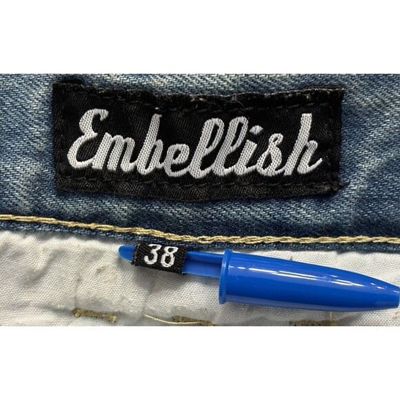 Embellish Mens Jeans‎ 38 x 33 Distressed Destroyed Biker Moto Gold Blue Denim - Picture 7 of 14